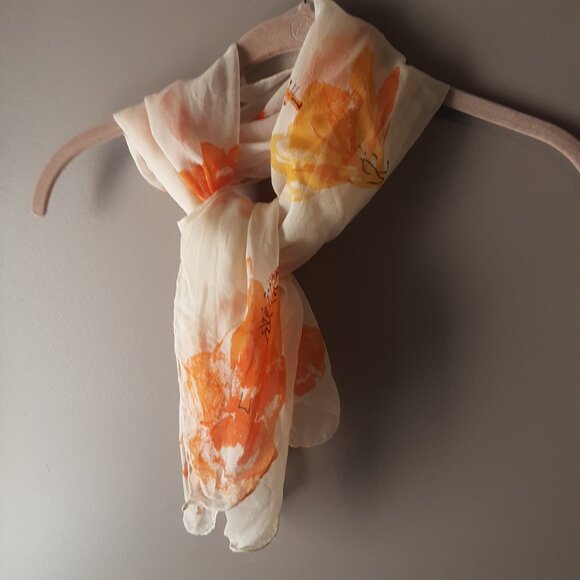 Gorgeous Silk Floral Oblong Scarf Cream with Orange and Yellow - Picture 6 of 9